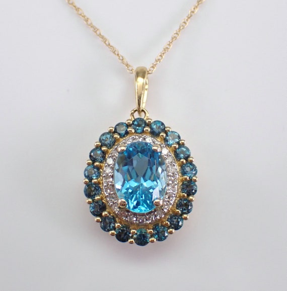 Blue Topaz and Diamond Pendant and Chain - Yellow Gold Gemstone Halo Necklace - December Birthstone Fine Jewelry Gift