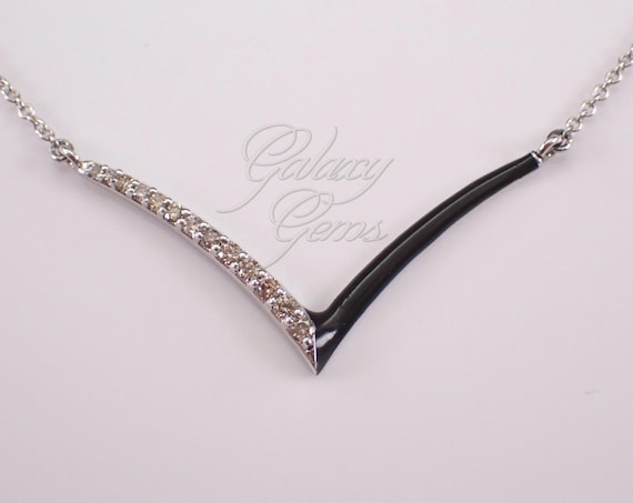 White Gold Diamond Station Necklace - Black Enamel Chevron Charm Pendant and Chain