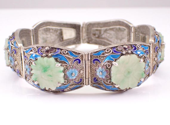 Vintage Sterling Silver Jade Bracelet, Antique Multi Color Enamel Flower Link, Chinese Filigree Chunky Fine Jewelry Gift