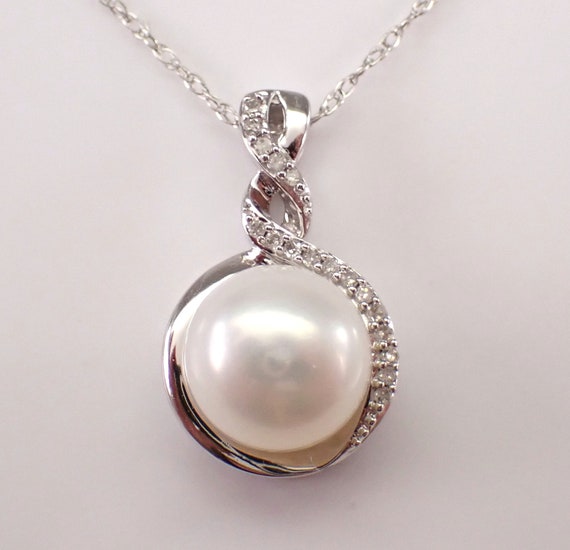 Pearl and Diamond Pendant and Chain - White Gold Choker Charm Necklace - June Birthstone Fine Jewelry Gift