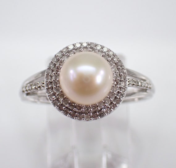 Pearl and Diamond Engagement Ring - White Gold Halo Setting - June Birthstone Jewelry Gift