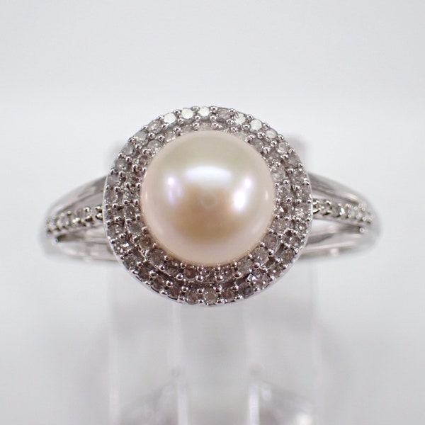 Pearl and Diamond Engagement Ring - White Gold Halo Setting - June Birthstone Jewelry Gift