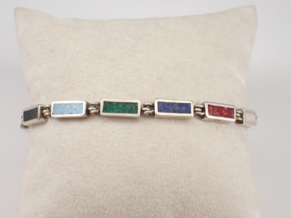 Vintage Sterling Silver Bracelet, Multi Color Genuine Gemstone, Onyx Turquoise Coral Malachite Lapis Lazuli and Mother of Pearl Inlay