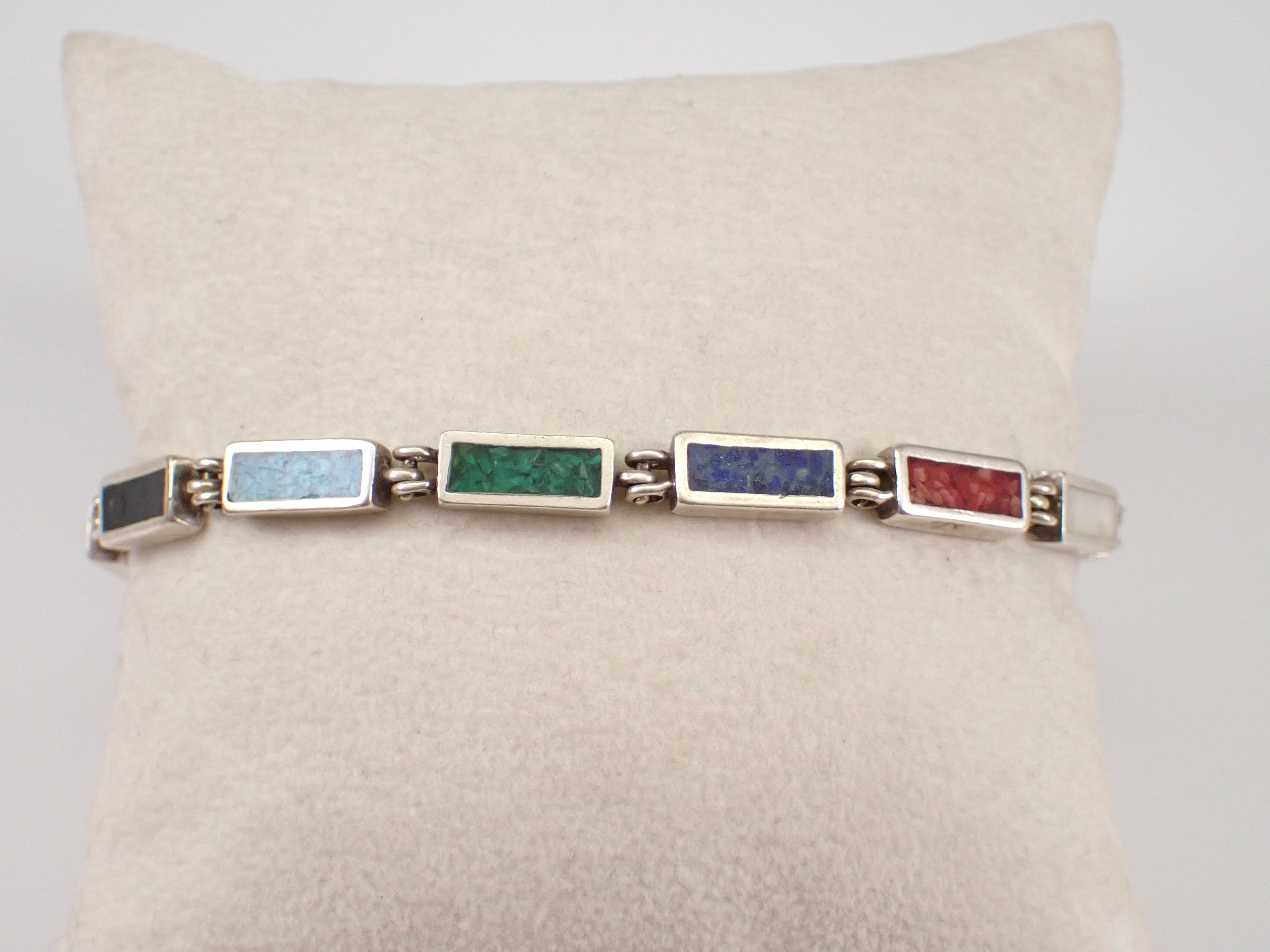 Vintage Sterling Silver Bracelet, Multi Color Genuine Gemstone, Onyx  Turquoise Coral Malachite Lapis Lazuli and Mother of Pearl Inlay