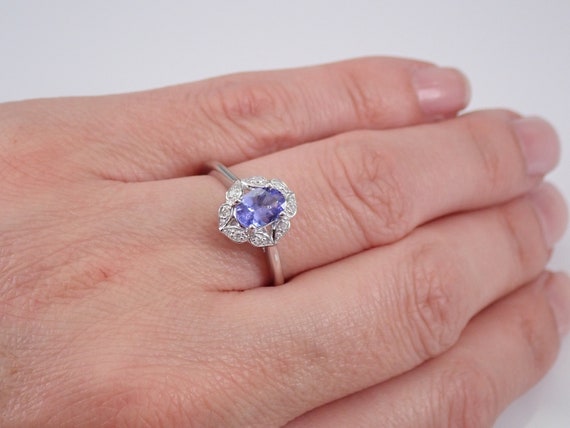 Tanzanite and Diamond Ring, Antique Style White Gold Ring, Gemstone and Diamond Engagement Ring, December Birthstone Gift  LQGR20