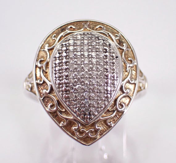 Sterling Silver Diamond Cluster Ring - Unique Teardrop Two Toned Band - Vintage Fine Jewelry Promise Gift