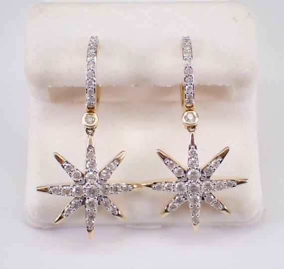 Diamond Dangle Charm Earrings - 14K Yellow Gold Hoop Cluster Drop - Celestial North Star Design Fine Jewelry