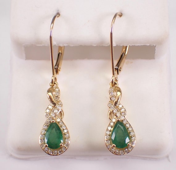 Emerald and Diamond Dangle Earrings, Yellow Gold Dainty Halo Drops, May Birthstone Fine Jewelry Gift