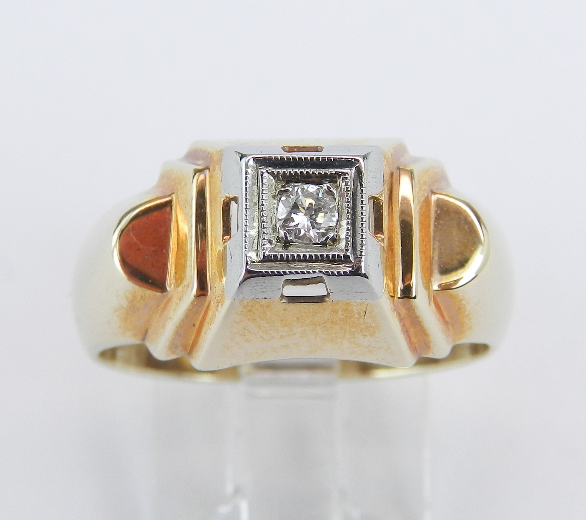ANTIQUE DIAMOND & RUBY MENS RING SET IN 14k YELLOW GOLD - Garden Of Jewels