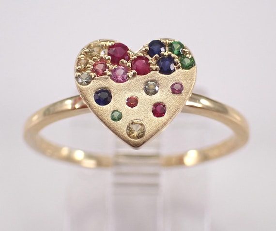 Yellow Gold Multi Color Sapphire Heart Ring: Dainty Signet Style Promise Band