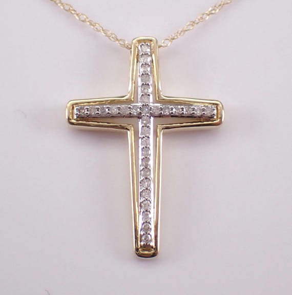 Yellow Gold Diamond Cross Pendant and Chain, Simple Religious Fine Jewelry Charm Necklace, Birthday Graduation Gift