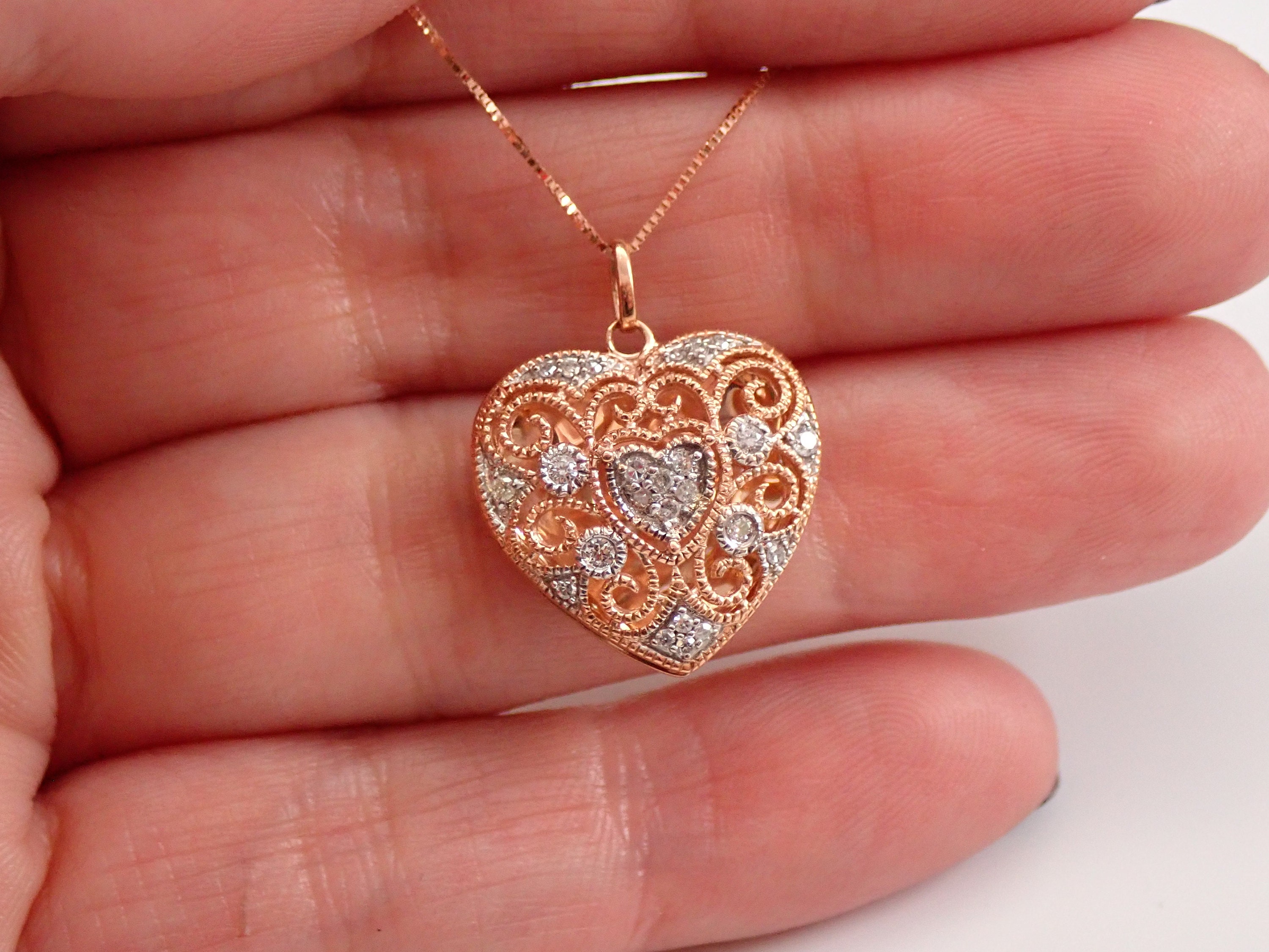 Genuine Diamond Heart LOCKET Pendant Rose Gold Filigree Necklace