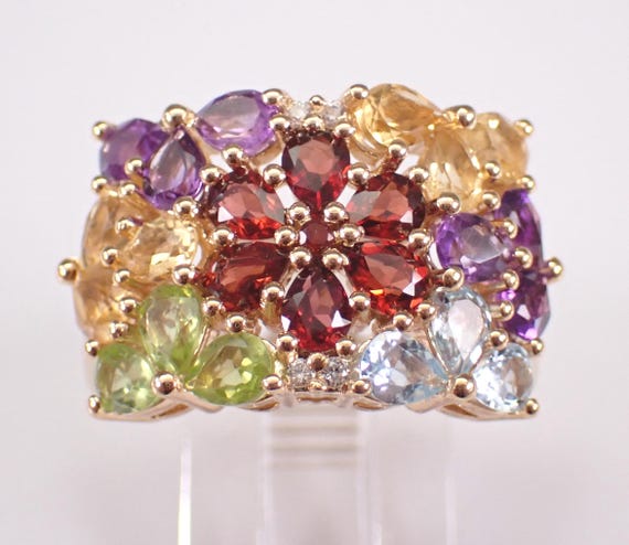 Gold Plated Sterling Silver Multi Color Gemstone Ring: Peridot Amethyst Garnet Citrine Topaz Cluster Setting