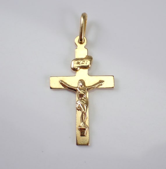 Vintage 18K Yellow Gold Petite Crucifix - Religious Estate Fine Jewelry - Cross Charm Pendant Unisex Gift