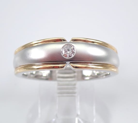 Mens Diamond Wedding Ring - Two Tone Gold Anniversary Solitaire Band - Stackable Engagement Promise Gift for Him