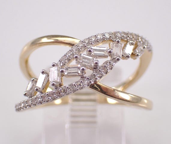 Yellow Gold Baguette Diamond Anniversary Band: Unique Cluster Cocktail Bridge Bypass Ring