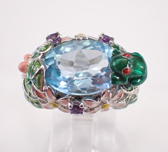 Sterling Silver Enamel Frog Ring - Unique Blue Topaz Gemstone Band - Colorful Flower Cocktail Jewelry Gift