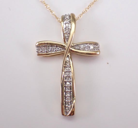 Yellow Gold Diamond Cross Pendant, Dainty Religious Charm Necklace, Crossover Crucifix Drop on Chain