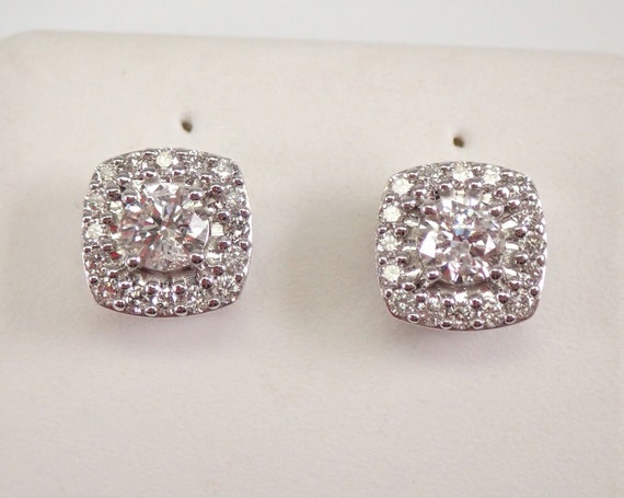 14K White Gold Diamond Stud Earrings - Cushion Cut Square Halo Studs - GalaxyGems Bridal Fine Jewelry Gift