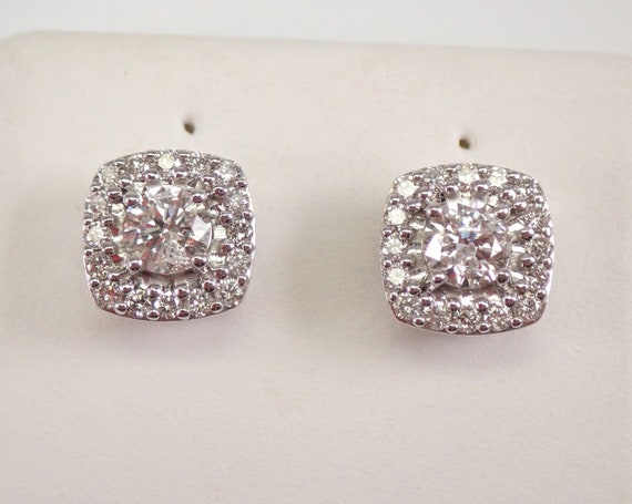 14K White Gold 3/4 ct Diamond Stud Earrings Cushion Cut Shaped Halo Studs