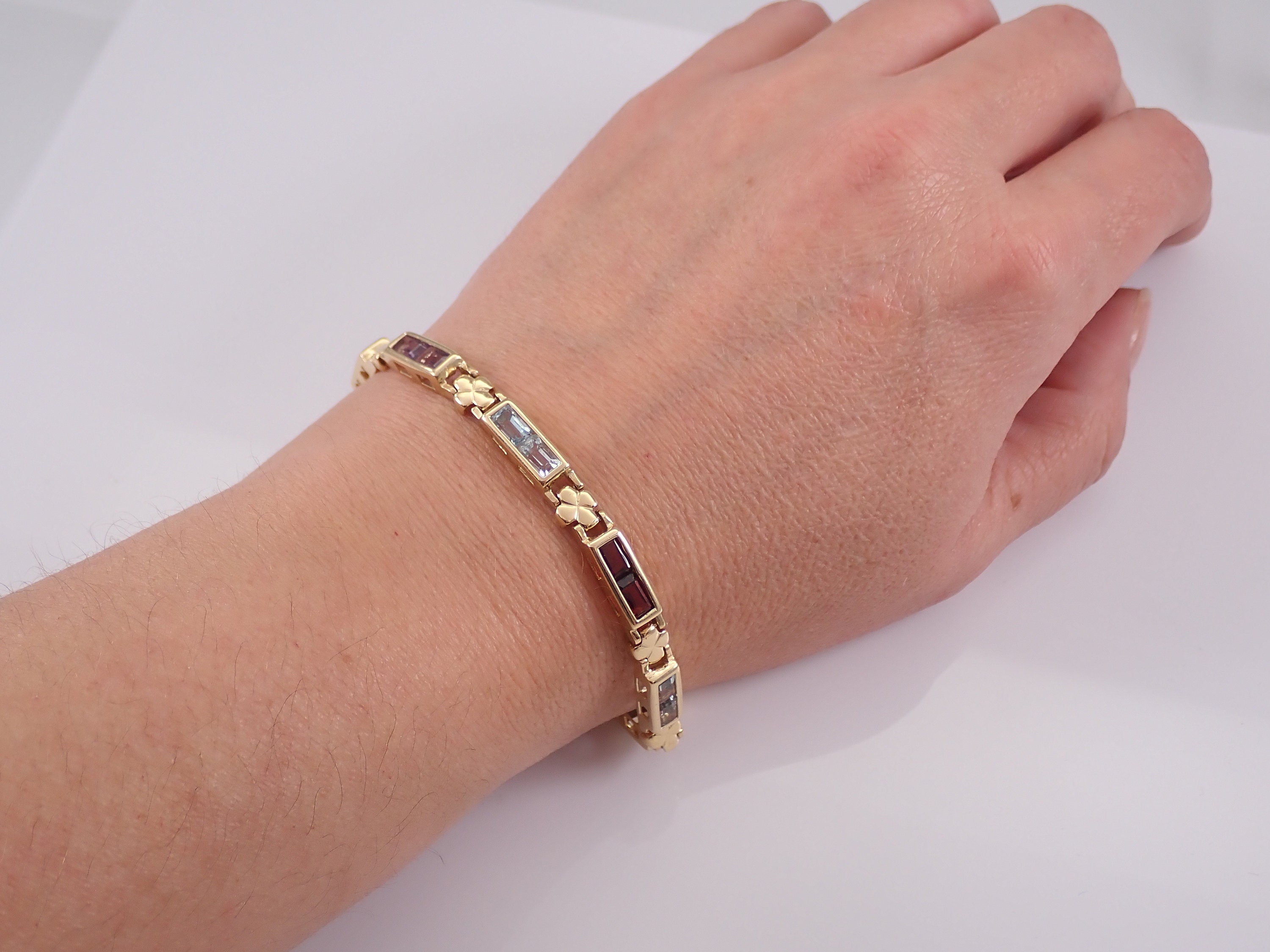 14K Yellow Gold Multi Color Gemstone Bracelet Emerald Cut | Etsy