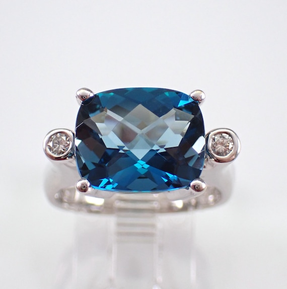 14K White Gold London Blue Topaz and Diamond Ring - Large Cushion Cut Engagement Setting - December Gemstone Fine Jewelry Gift