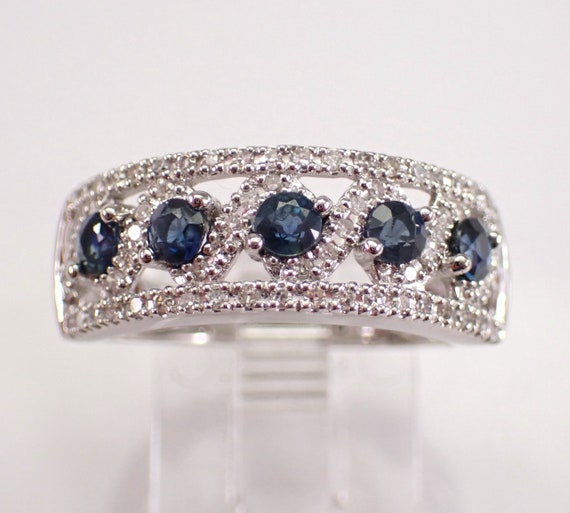 Sapphire and Diamond Wedding Ring, White Gold Gemstone Anniversary Band, September Birthday Fine Jewelry Gift