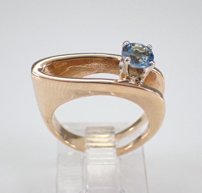 80s Vintage Blue Topaz Pinky Ring - 14K Yellow Gold Solitaire Setting - Unique Gemstone Fine Jewelry Gift image 2