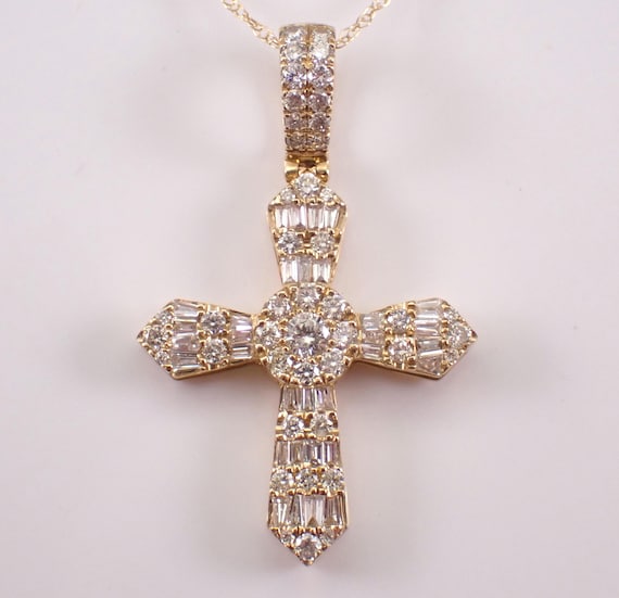 14K Yellow Gold Diamond Cross Pendant and Chain: Cluster Halo Religious Charm Necklace