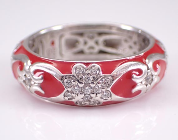 Vintage HIDALGO Red Enamel Wedding Band - Sterling Silver Stackable CZ Eternity Ring - Bridal Anniversary Fine jewelry