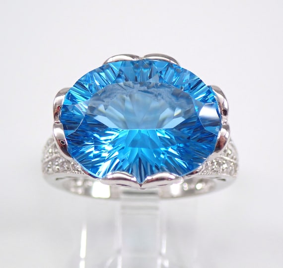 14K White Gold Blue Topaz Ring, Large Gemstone Engagement Setting,  GalaxyGems Fine Jewelry Gift