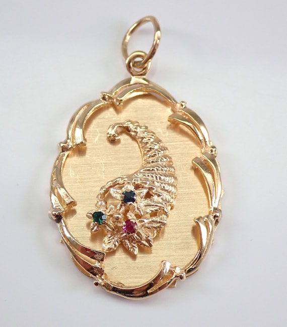 Vintage 14K Yellow Gold Cornucopia Basket Charm Pendant, Estate Gemstone Charm for Necklace or Bracelet