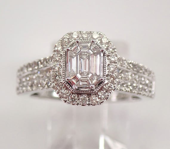 14K White Gold Diamond Engagement Ring, Rectangular Halo Cluster Band, Unique Bridal Fine Jewelry Gift