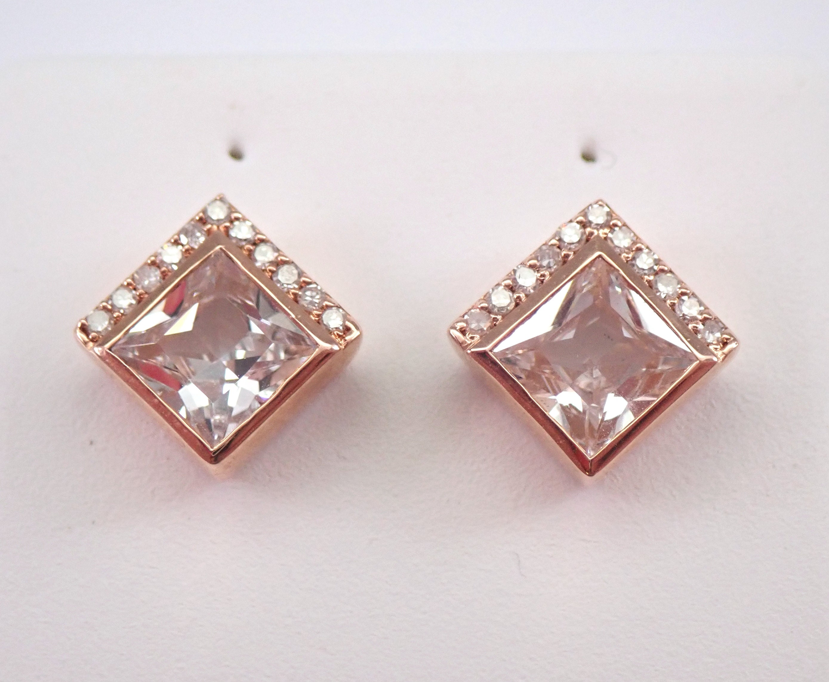 Princess Cut Morganite and Diamond Stud Earrings Pink Aqua Rose Gold Studs