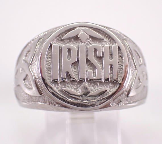 Vintage 14K White Gold IRISH Signet Ring, Chunky Celtic Knot Pinky Band, Unique Engraved Fine Jewelry Gift