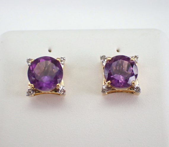 Amethyst and Diamond Stud Earrings - Yellow Gold Gemstone Studs - February Birthstone Jewelry Gift