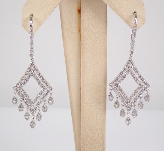 Genuine Diamond Dangle Earrings, Solid 14K White Gold Chandelier Gypsy Design, GalaxyGems Fine Jewelry