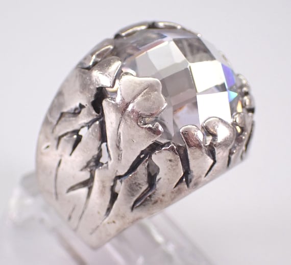 Sterling Silver Cubic Zirconia Engagement Ring: Solitaire Promise Chunky CZ Band - Vintage Estate Bridal Jewelry Gift