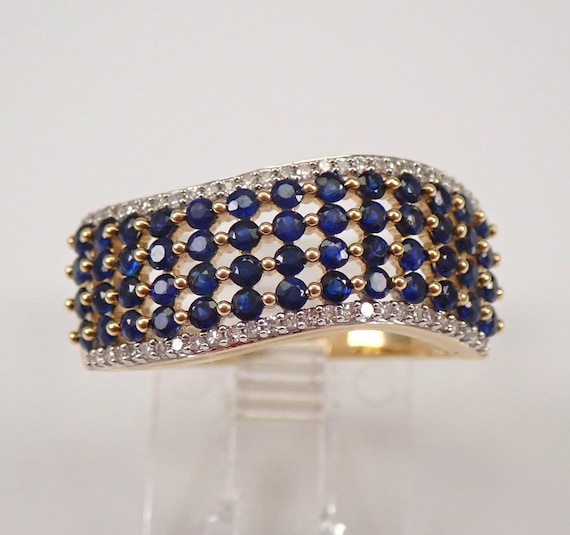 Sapphire and Diamond Wave Wedding Ring - Solid Yellow Gold Anniversary Band - September Birthstone Jewelry Gift