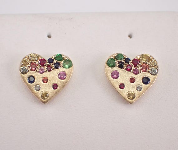 Yellow Gold Multi Color Sapphire Heart Stud Earrings: Dainty Gemstone Screwback Studs