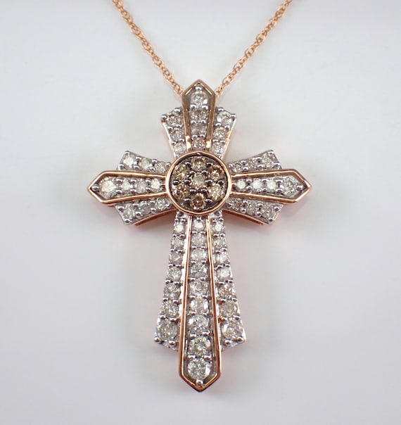 Chocolate Diamond Cross Pendant and Chain - Rose Gold Large Brown Diamond Necklace - Unique Religious Fine Jewelry Gift