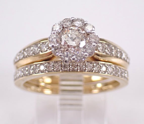 Yellow Gold Diamond Engagement Ring Set - Matching Contour Wedding Anniversary Band  - Bridal Halo Flower Setting
