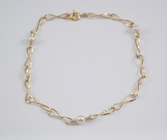 Vintage 14K Yellow Gold Pearl Bracelet, Tin Cup Infinity Link