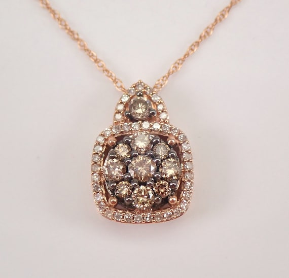 Cognac Diamond Cluster Necklace - Rose Gold Floating Halo Pendant and Chain - Colored Brown Diamond Jewelry