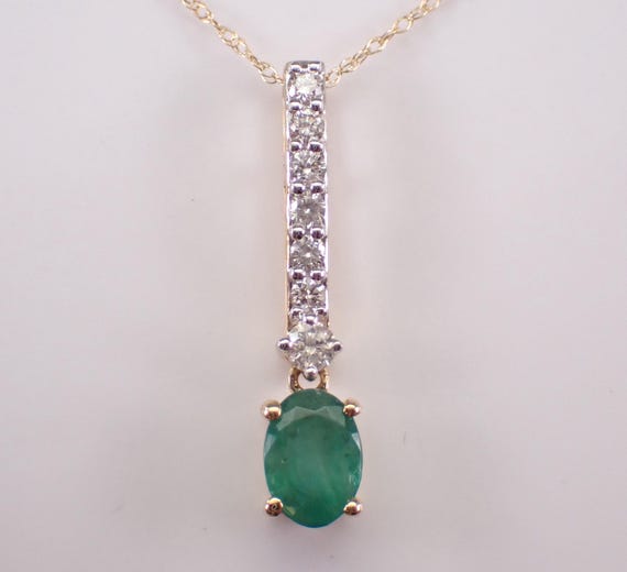 14K Yellow Gold Emerald and Diamond Necklace: Dangle Charm Pendant and Chain