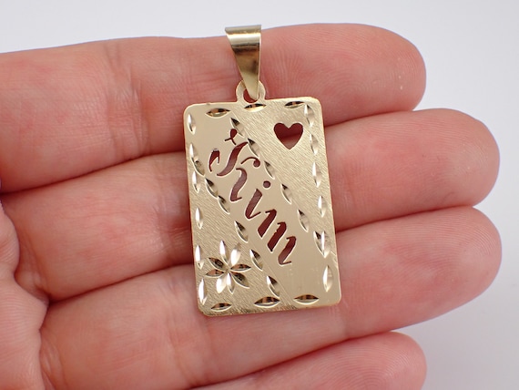 Vintage 14K Yellow Gold Name Charm - Estate Dog Tag for Necklace or Bracelet - Heart and Flower "KIM" Pendant