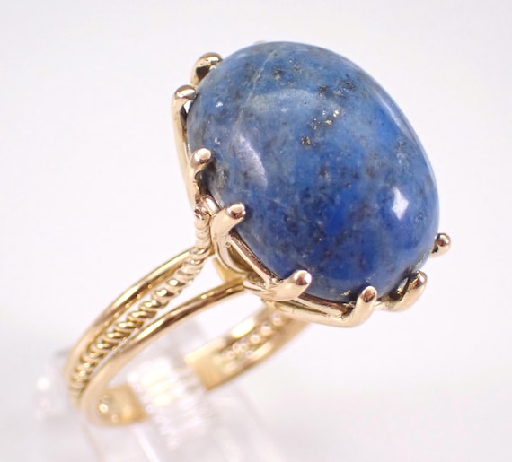 Vintage 18K Yellow Gold Lapis Lazuli Ring, Gemstone Solitaire Estate Fine Jewelry Gift, Unique Tall Braided Setting