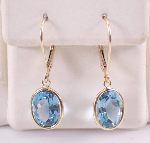 Vintage 14K Yellow Gold Blue Topaz Earrings: Estate Dainty Dangle Drops