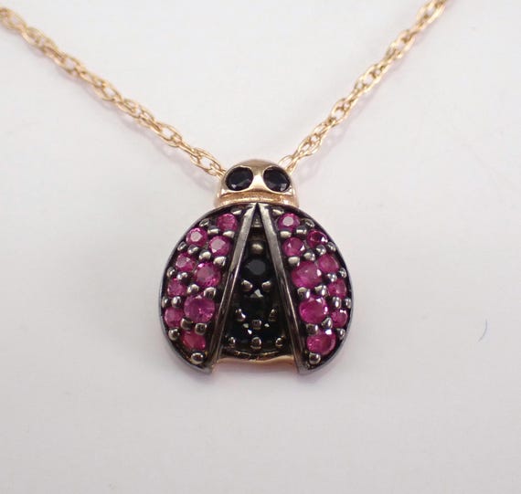 Yellow Gold Black Diamond Ladybug Pendant - Adorable Dainty Ruby Charm Necklace - Unique Beetle Gemstone Gift