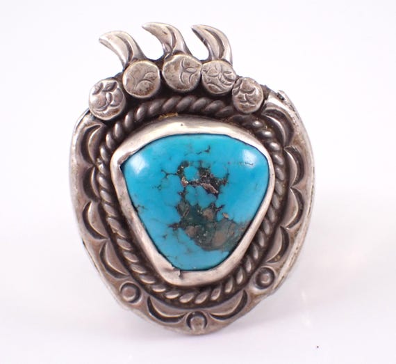 Vintage Sterling Silver Turquoise Ring - Estate Chunky Bear Claw Band - Unique Cocktail Jewelry Gift